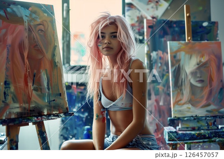 A young artist with pink hair poses in a colorful studio surrounded by paintings of faces during a bright, sunlit afternoon 126457057