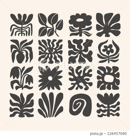 Trendy retro 70s-inspired groovy floral summer elements with leaf shapes, flowers blending modern and organic elements. Vector simple flat illustration. 126457080