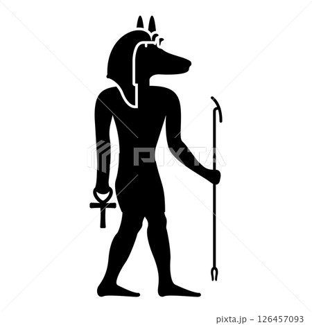 Anubis deity with jackal head ancient Egyptian god holds staff and anch cross silhouette mythical icon black color vector illustration image flat style Anubis deity with jackal head ancient Egyptian god holds staff and anch cross silhouette mythical icon black color vector illustration image flat style 126457093