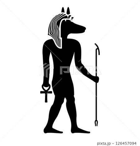 Anubis deity with jackal head ancient Egyptian god holds staff and anch cross silhouette mythical icon black color vector illustration image flat style Anubis deity with jackal head ancient Egyptian god holds staff and anch cross silhouette mythical icon black color vector illustration image flat style 126457094