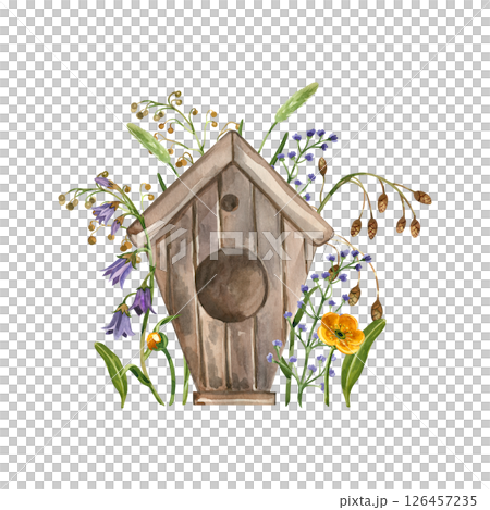 Birdhouse, wild flowers buttercups, timothy grass, greenery, cereal plants. All objects are hand-painted with watercolors. Watercolor composition for printing on postcards, invitations, posters. 126457235
