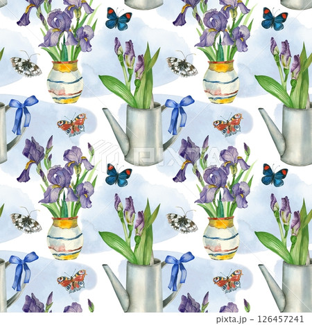 Seamless watercolor pattern. Bouquets of flowers from irises of different colors. Watering can for watering flowers with a blue bow, vase, hand-drawn with watercolors. For printing on fabric, paper. 126457241
