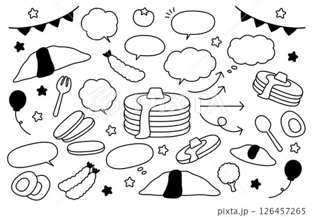 手書き風のかわいい食べ物や吹き出しと矢印のイラスト素材セット 126457265