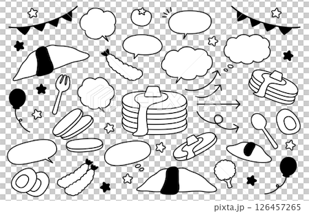 一組手繪的可愛食物、氣泡和箭頭插圖 126457265