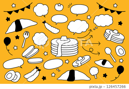 手書き風のかわいい食べ物や吹き出しと矢印のイラスト素材セット 手書き風のかわいい食べ物や吹き出しと矢印のイラスト素材セット 126457266