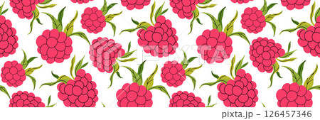 Pink raspberry foliage seamless pattern on white background. Spring garden background. Summer berry menu, cold drinks. Perfect for textile, menu, packaging, kitchen design. Flat vector illustration. 126457346