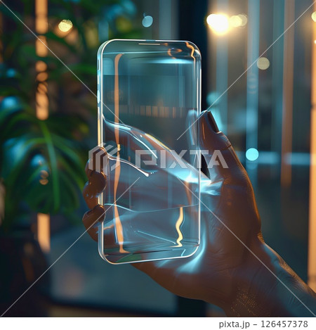 A person holds a glowing virtual smartphone in a dimly lit room with modern decor at night 126457378