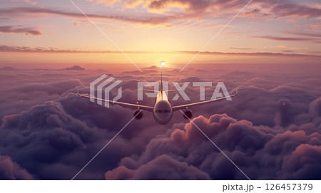 A commercial airplane soaring through colorful clouds at sunset, showcasing a breathtaking sky over the horizon 126457379