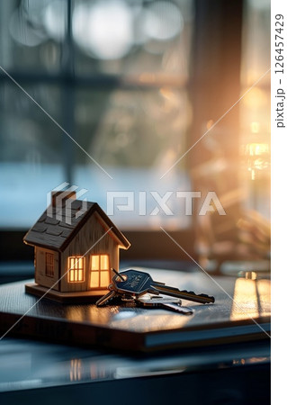 A cozy wooden house model with glowing windows and keys resting on a table in soft evening light 126457429