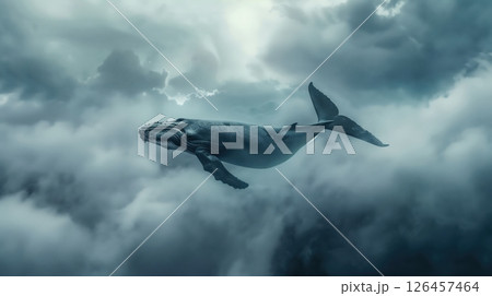 A humpback whale gracefully swims through a cloudy sky, creating a surreal and dreamlike atmosphere above the ocean 126457464