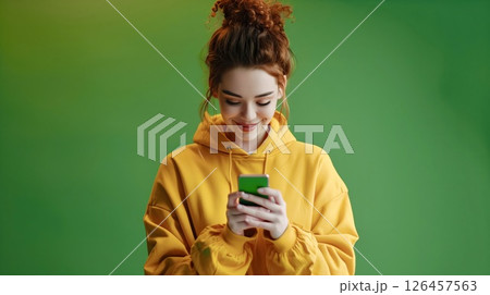 Young woman in a yellow hoodie smiles while using a smartphone against a vibrant green background 126457563