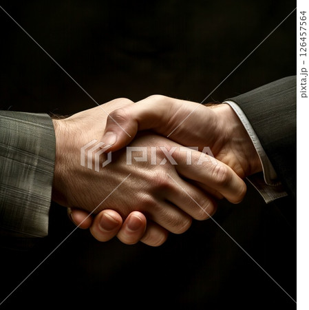 Two individuals shaking hands in a professional setting during a low-lit environment, symbolizing agreement and collaboration 126457564