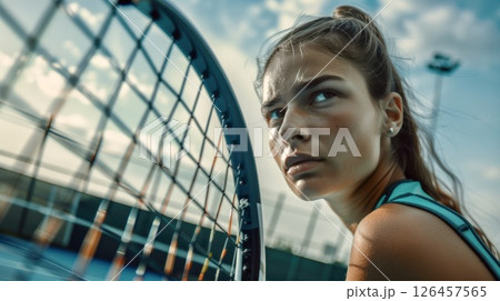 Young female tennis player focusing intensely on the game under a bright blue sky at an outdoor court in the afternoon 126457565