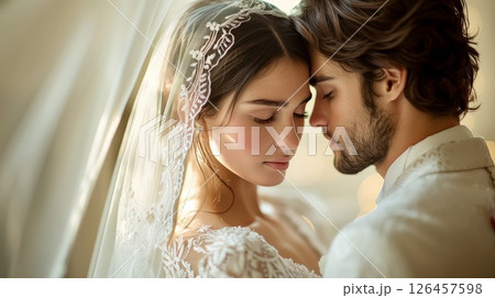 A romantic moment between a bride and groom captured indoors during their wedding celebration in soft, warm lighting 126457598