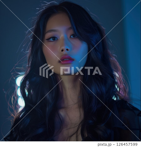 Young woman with wavy hair poses confidently in soft blue light, showcasing a modern aesthetic in a creative studio setting 126457599