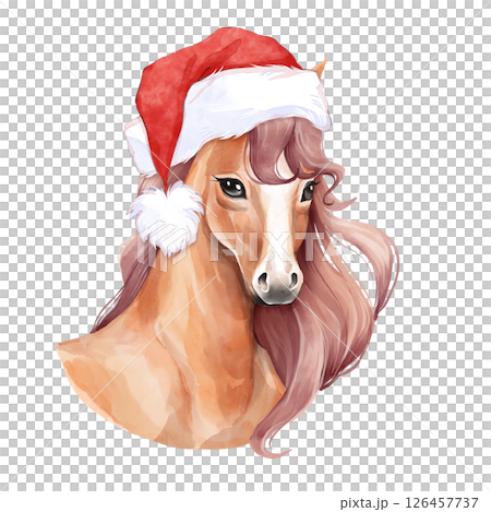 Christmas Horse with Red Santa Hat Illustration 126457737