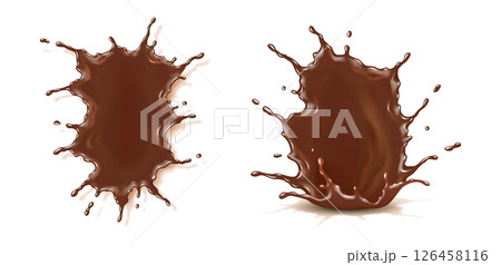 Realistic Brown Liquid Splashes on White Background Realistic Brown Liquid Splashes on White Background 126458116