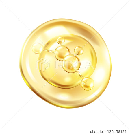 Golden collagen molecules float in serum drop illustration 126458121