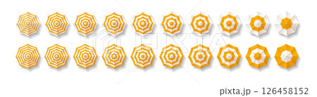 Set of Yellow and White Beach Umbrellas Top View 126458152