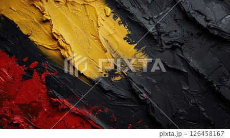 National Day of Belgium, red yellow black abstract background, texture of three-dimensional realistic paint strokes, horizontal banner, copy space, free space for text 126458167