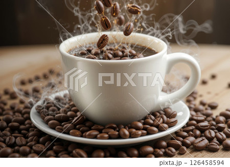 Freshly Brewed Coffee Cup with Steam and Scattered Coffee Beans. 126458594