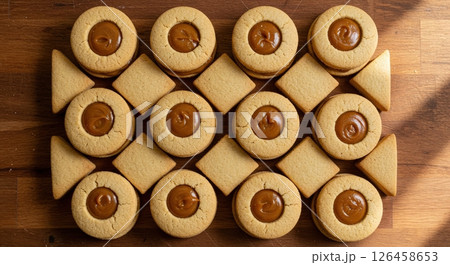 Traditional argentine alfajor cookies with dulce de leche and square cookies on wooden table 126458653