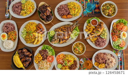 Caribbean feast with grilled fish, rice, plantains, and a variety of colorful dishes Caribbean feast with grilled fish, rice, plantains, and a variety of colorful dishes 126458671