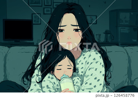 深夜、育児をする不安な表情の母親。育児の悩み。 126458776