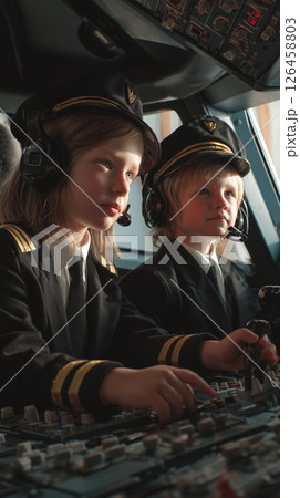 Two children wearing pilot uniforms are sitting in an airplane cockpit, operating the controls and looking focused 126458803