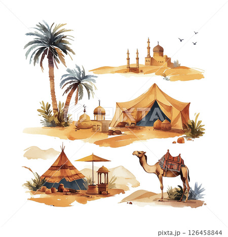 Desert landscape featuring traditional tents, palm trees, a camel, and mosque towers during daytime 126458844