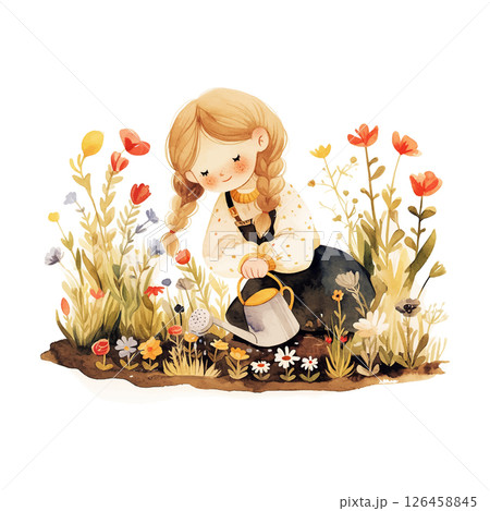 Young girl enjoying gardening surrounded by colorful flowers in a sunny setting 126458845