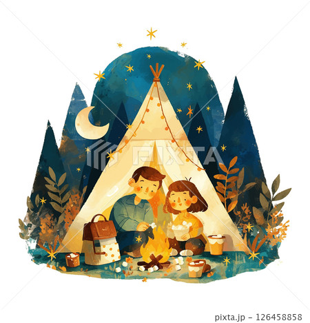 Couple enjoying a cozy campfire under a starry night sky in a forest setting 126458858