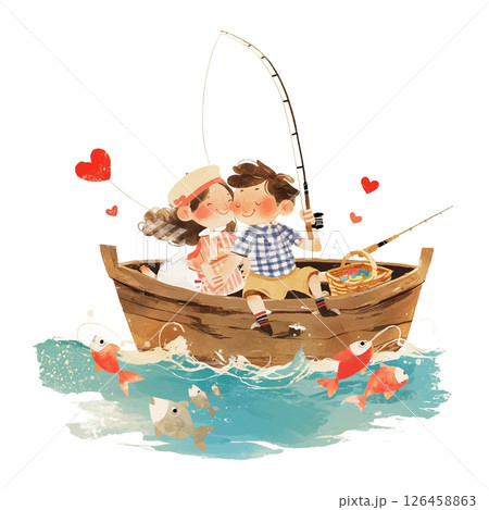 Couple enjoys a joyful fishing experience on a sunny day in a small boat with playful fish around 126458863