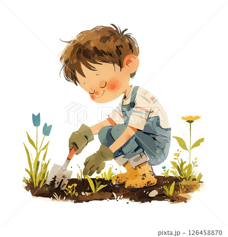 Child enjoying gardening while planting flowers in a sunny outdoor setting Child enjoying gardening while planting flowers in a sunny outdoor setting 126458870