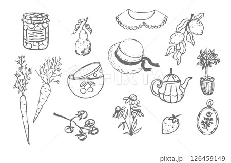 Cottagecore set cosy country rural things sketch. Retro cute whimsy farm themed cottage core aesthetic. Hobby collection, vegetables doodle. 126459149