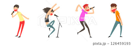 Man Singers with Microphones Performing on Stage Vector Set Man Singers with Microphones Performing on Stage Vector Set 126459193
