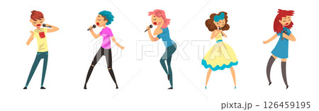 Man and Woman Singers with Microphones Performing on Stage Vector Set 126459195