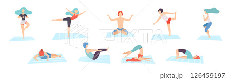 Man and Woman Practice Yoga Exercise and Asana Vector Set 126459197