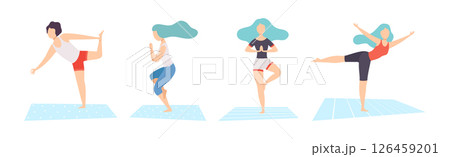 Man and Woman Practice Yoga Exercise and Asana Vector Set 126459201