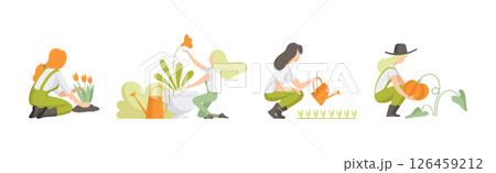 Woman Character Garden Worker Cultivating Crop Vector Set 126459212