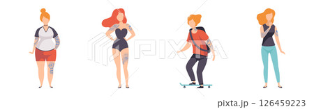 Tattooed or Inked Man and Woman in Standing Pose Vector Set 126459223