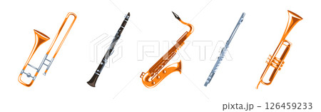 Wind Musical Instrument and Equipment for Musician Performance Vector Set Wind Musical Instrument and Equipment for Musician Performance Vector Set 126459233