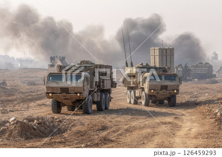 Military vehicles maneuver through a smoke-filled battlefield during a conflict situation in a desert environment. Military vehicles maneuver through a smoke-filled battlefield during a conflict situation in a desert environment. 126459293