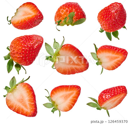 Set of whole and cut strawberries symbolizing freshness, healthy eating or summer harvest 126459370