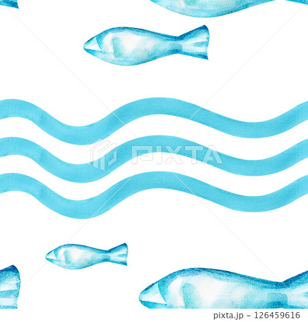 Watercolor marine seamless pattern. Stylized waves and fish on a white background. The illustration is in turquoise color. Seamless background with abstract fish. Marine theme. Watercolor marine seamless pattern. Stylized waves and fish on a white background. The illustration is in turquoise color. Seamless background with abstract fish. Marine theme. 126459616