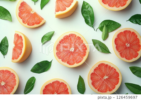 Fresh grapefruits and leaves with water droplets on a light background 126459697