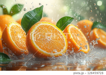 Fresh oranges with splashing water on a reflective surface 126459728