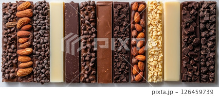 Various chocolate bar assortments with nuts and toppings on white background Various chocolate bar assortments with nuts and toppings on white background 126459739