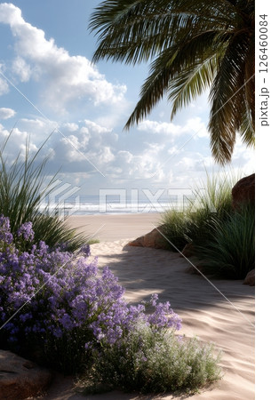 Serene Beach Pathway Lined With Vibrant Flowers Under a Bright Sky 126460084
