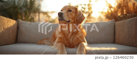 Golden retriever lounging on a cozy sofa in a warmly lit room 126460230